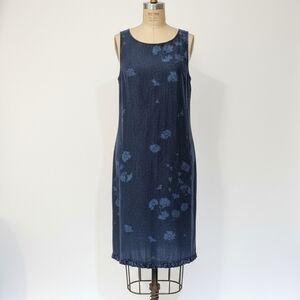 Vintage 90s Blue Linen Floral Sundress Dress Minimalist Modest Monochrome